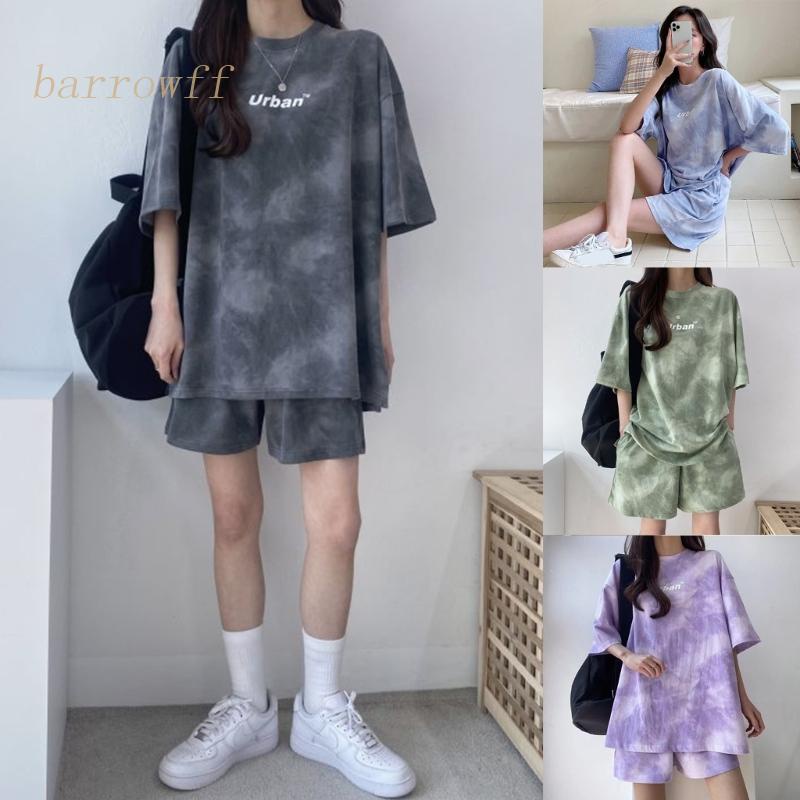Brroa Set Áo Thun Ngắn Tay Cổ Tròn Và Quần Short Màu Nhuộm Thời Trang Mùa Hè Cho Nữ