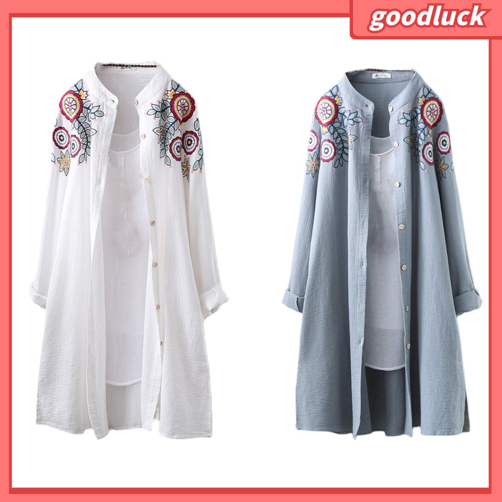 [ULK] Áo Sơ Mi Dài Tay Cổ Đứng Xẻ Một Bên Hông Thêu Họa Tiết Phong Cách Trung Hoa Đường Phố Cho Nữ