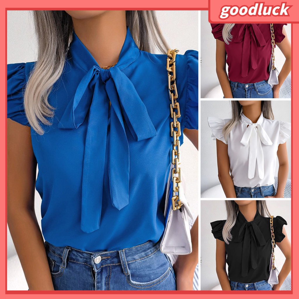 [ULK] Áo Sơ Mi Tay Ngắn Cổ Đứng Màu Trơn Trang Trọng Thắt Nơ Viền Bèo Thời Trang Mùa Hè Cho Nữ