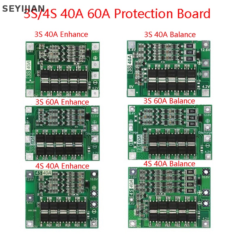 Bảng Mạch Bảo Vệ Bộ Sạc Pin Lithium SEY 3S 4S 40A 60A Li-ion 18650 BMS 11.1V 12.6V / 14.8V 16.8V Cho Động Cơ Khoan