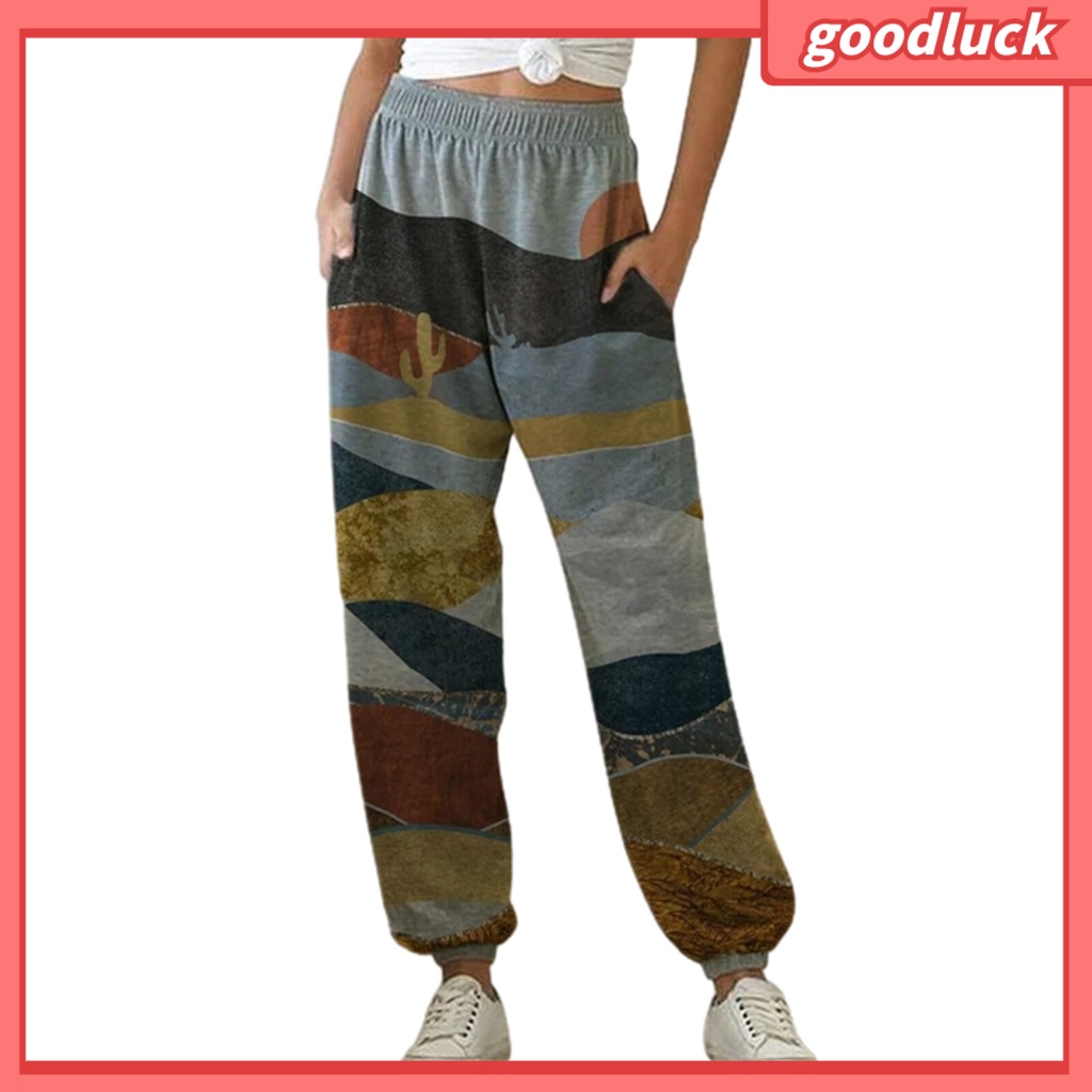 Quần Thể Thao Lưng Cao Dáng Rộng Có Túi In Hình Phong Cảnh Dành Cho Nữ