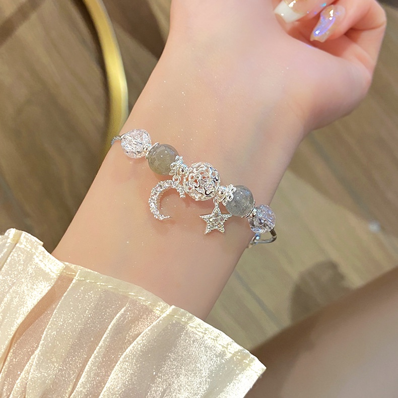 Vòng Tay Chuỗi Hạt Pha Lê Mặt Trăng Ngôi Sao Màu Xám Phong Cách Công Chúa Ngọt Ngào Hàng Mới Dành Cho Bạn Nữ