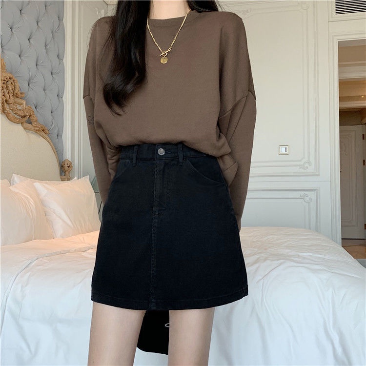 Chân váy jean Đen Dáng Chữ A Lưng Cao Phong Cách Retro Dành Cho Nữ