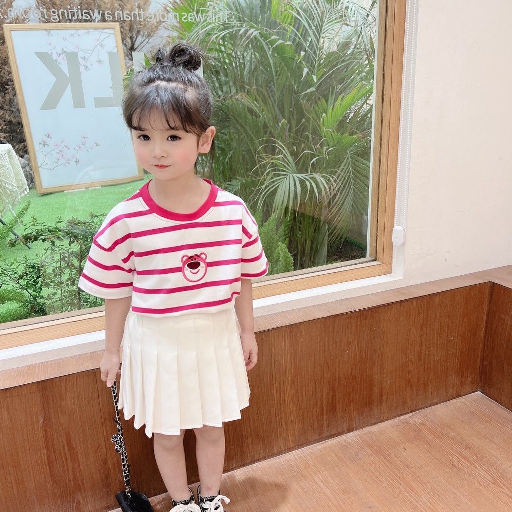 Áo Thun Tay Ngắn Dáng Rộng In Hoạt Hình Gấu Và Dâu Tây Dễ Thương Thời Trang Mùa Hè Cho Bé Gái