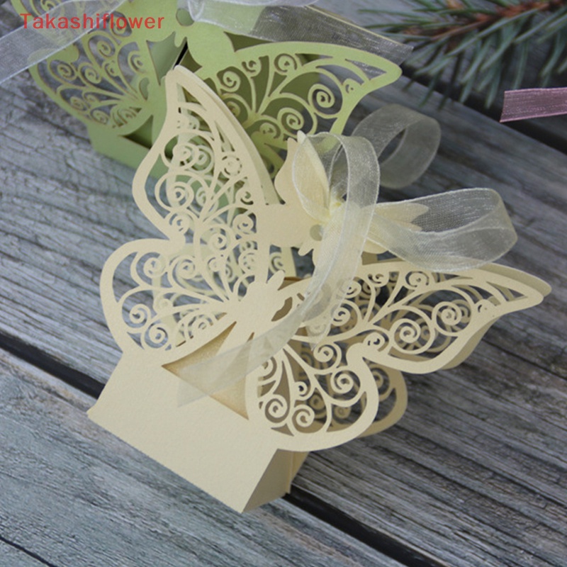 Set 10 Hộp Đựng Kẹo Cưới Thiết Kế Rỗng Họa Tiết Bươm Bướm Kèm Dây Ruy Băng Xinh Xắn