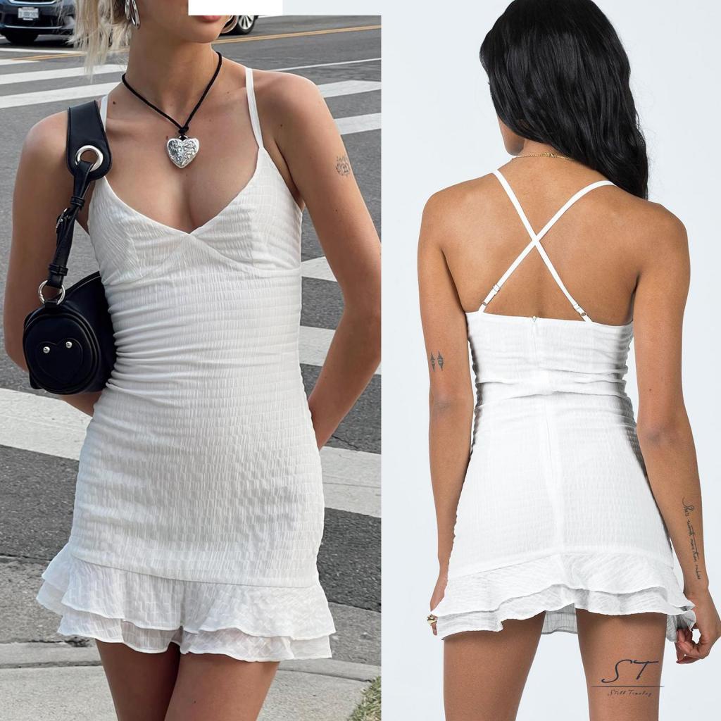 Đầm Hai Dây Mỏng Mùa Hè Cổ Chữ V Viền Bèo Cho Nữ CY03