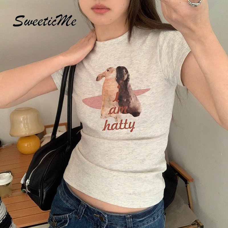 Áo Thun Tay Ngắn Cổ Tròn In Hình Thỏ Phối Màu Tương Phản Thời Trang 2023 Cho Nữ