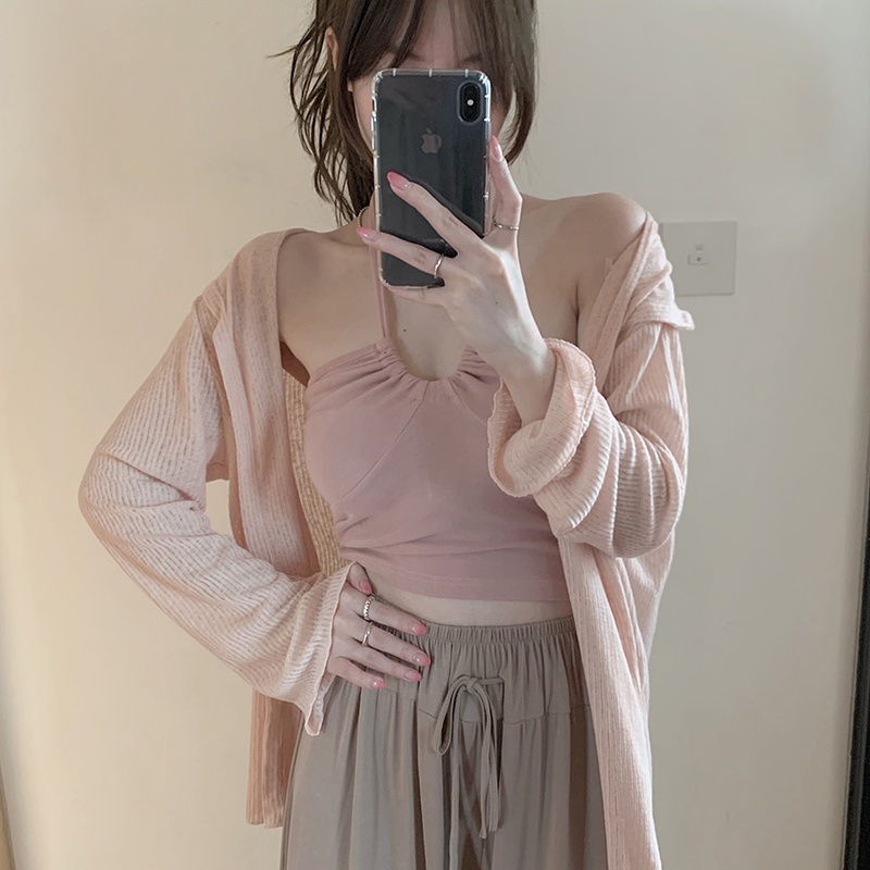 Neeeh Áo Hai Dây Ngắn Hở Lưng Màu Hồng Tinh Khiết Quyến Rũ Phong Cách Hong Kong Cho Nữ