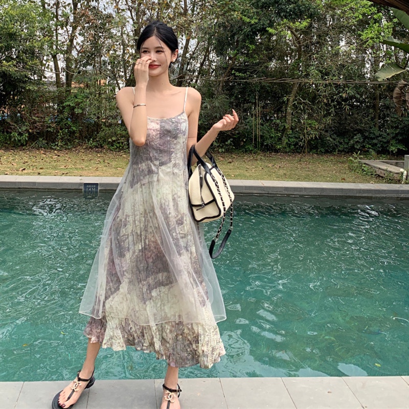 Đầm Lưới Mỏng Dáng Dài Viền Xếp Nếp Thiết Kế retro Trung Hoa Mới