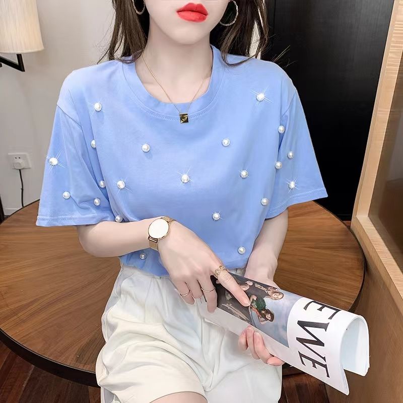 Áo Thun Tay Ngắn Dáng Rộng Đính Hạt Thời Trang Mùa Hè Sang Trọng Cho Nữ