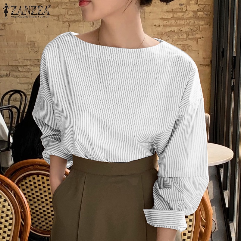 Áo nữ ZANZEA trễ vai dài tay cổ thuyền họa tiết sọc thời trang