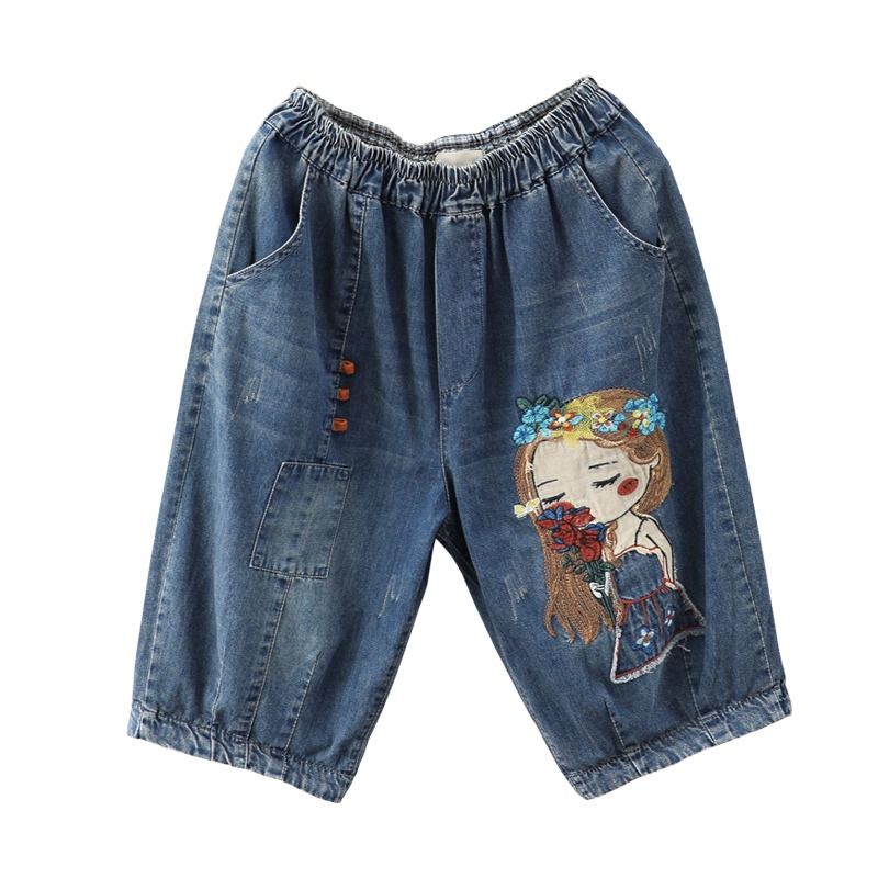 Quần short denim Dáng Rộng Thêu Họa Tiết Phong Cách Cổ Điển Thời Trang Mùa Hè 2023 Cho Nữ