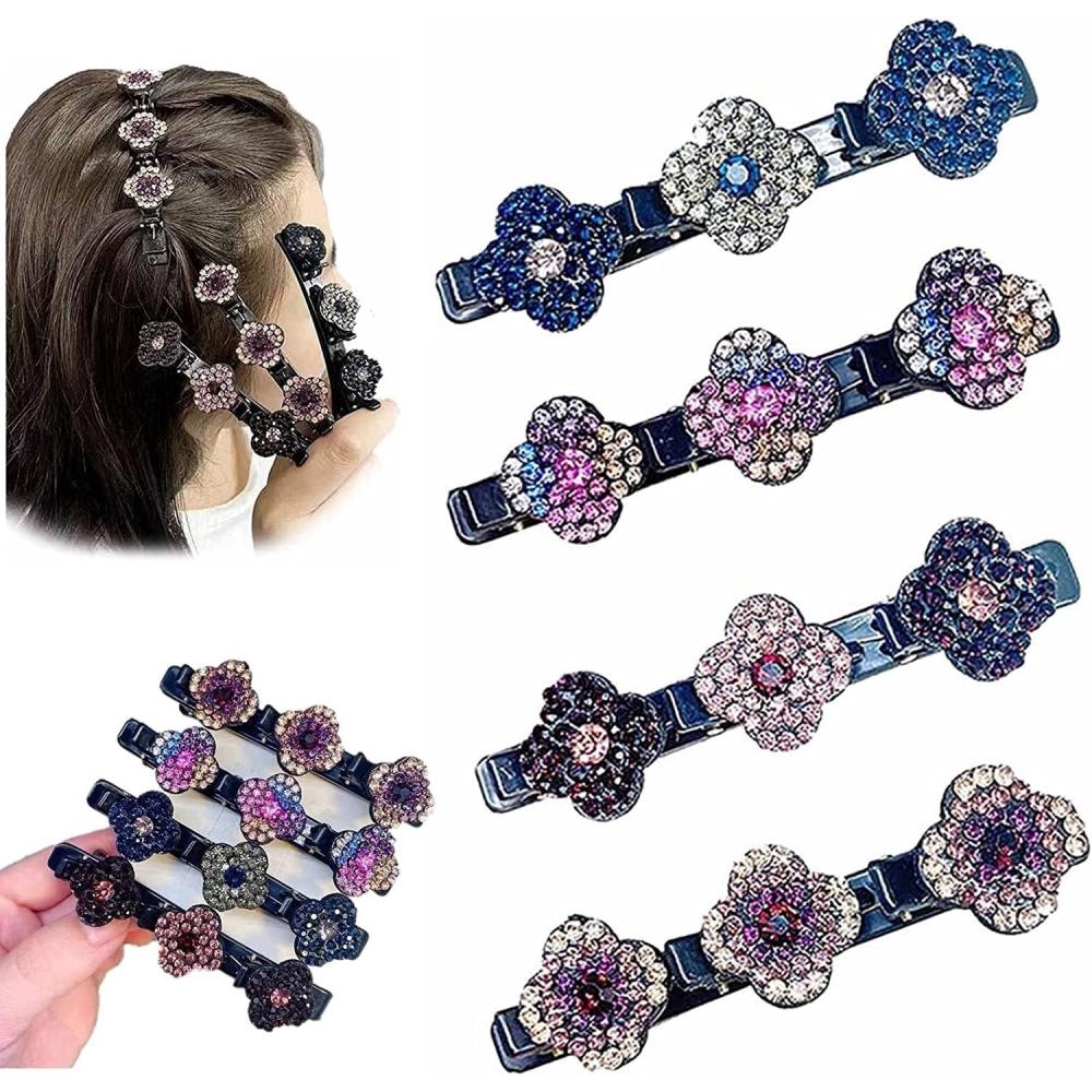 Set 4 Kẹp Tóc Mỏ Vịt Vải Satin Bện Hai Lớp Đính Đá Lấp Lánh Thời Trang