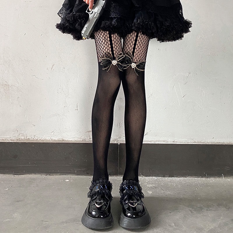 [F &amp; X] Quần Tất Lưới Lụa Đen Mỏng Đính Nơ Ngọc Trai Gợi Cảm Chống Chảy Xệ Y2k Cho Nữ