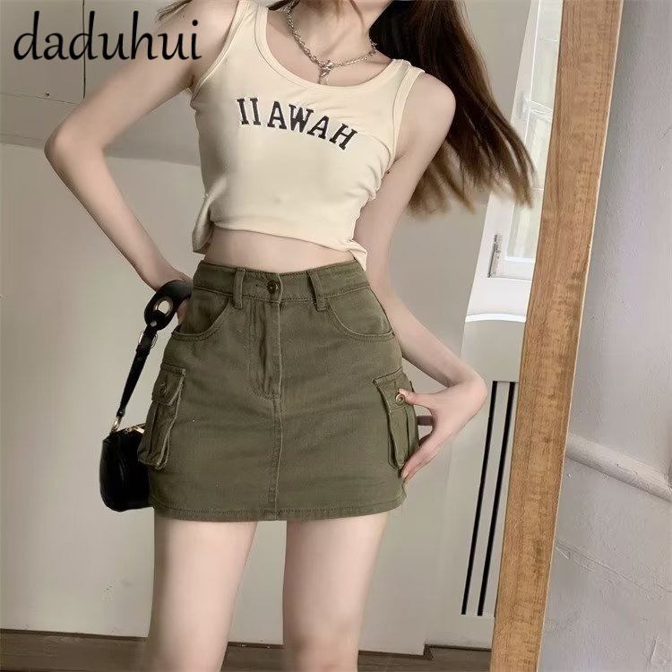 Daduhui New American Ins Denim Skirt High Waist Small Many Pockets A- line Skirt Large Size Bag Hip Skirt