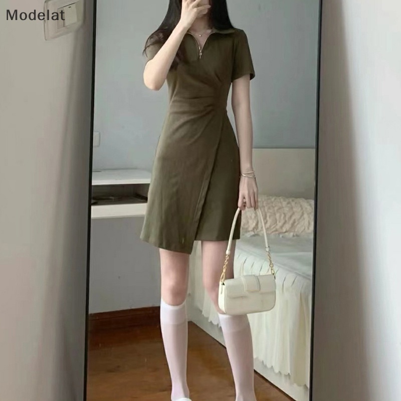 Đầm Cổ Bẻ Xếp Ly Màu Trơn Thời Trang Mùa Hè Cho Nữ