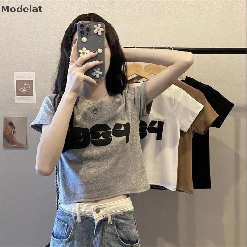 Áo Thun Crop Top Tay Ngắn Cổ Tròn In Chữ Số Thời Trang Mùa Hè Cho Nữ