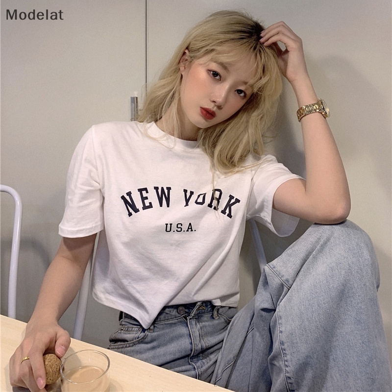 Áo Thun Crop Top Tay Ngắn Cổ Tròn In Chữ Thời Trang Mùa Hè Cho Nữ