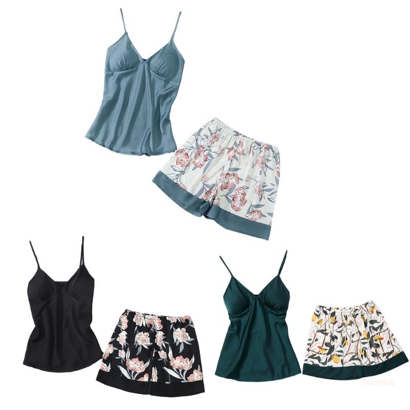 Bộ Đồ Ngủ Hai Mảnh Gồm Áo Hai Dây Và Quần Sooc Dáng Rộng Thoáng Khí In Họa Tiết Thời Trang Cho Nữ