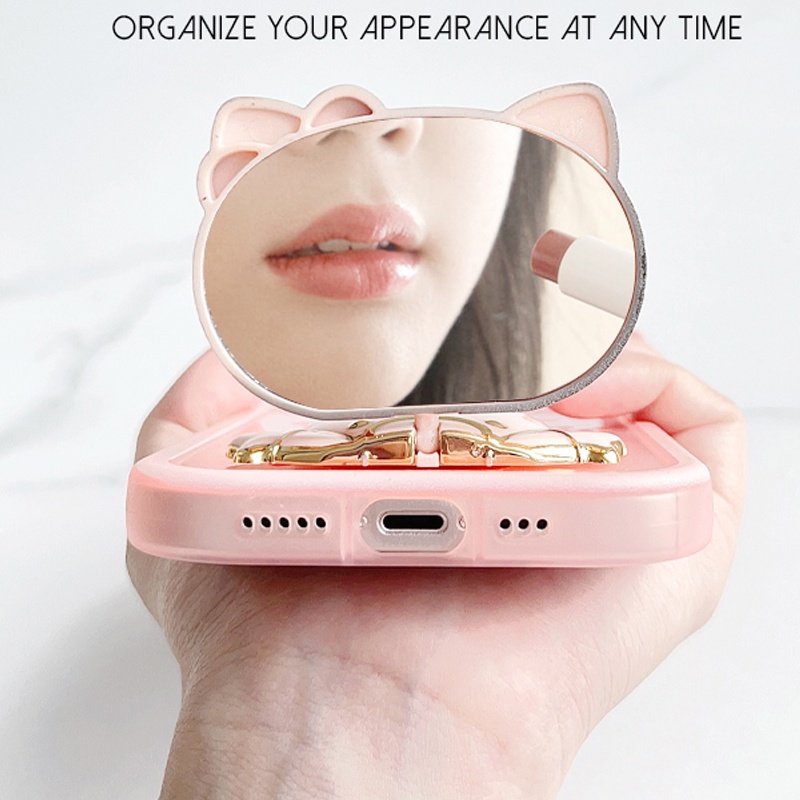 Giá Đỡ Điện Thoại Có Gương Trang Điểm Xoay Được Hình Mèo Kitty Đáng Yêu