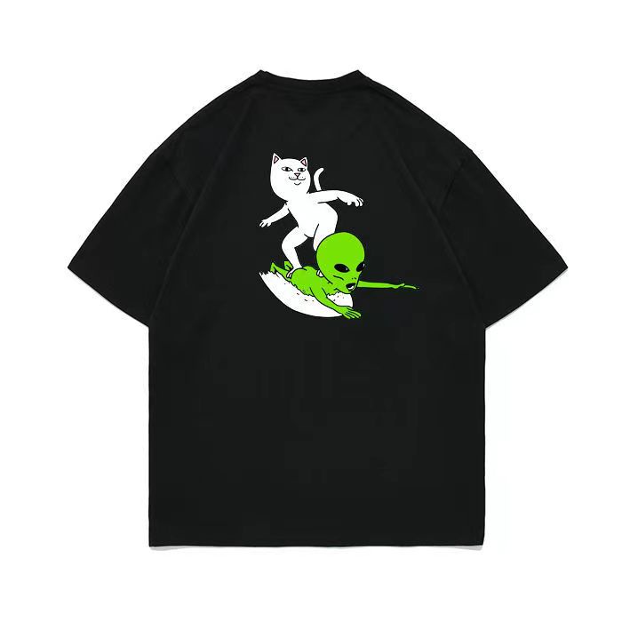 Ripndip Áo Thun Tay Ngắn Cổ Tròn Dáng Rộng in Hình Mèo Ngoài Hành Tinh Phong Cách Âu Mỹ Thời Trang Mùa Hè Cho Nam Và Nữ