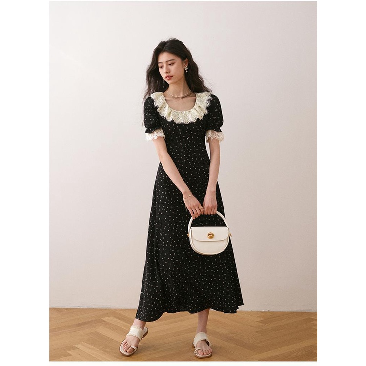 Đầm Tay Ngắn Cổ Lá Sen Màu Đen Phong Cách Pháp Thời Trang Mùa Hè 2023 LT4S