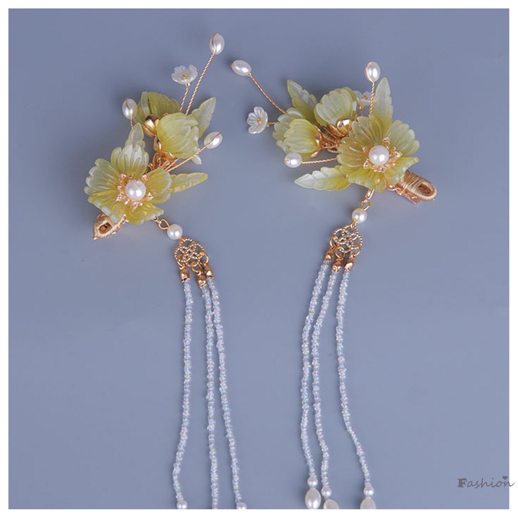 Kẹp Tóc Hình Hoa Vàng Đính Ngọc Trai Phối Tua Rua Phong Cách Dân Tộc