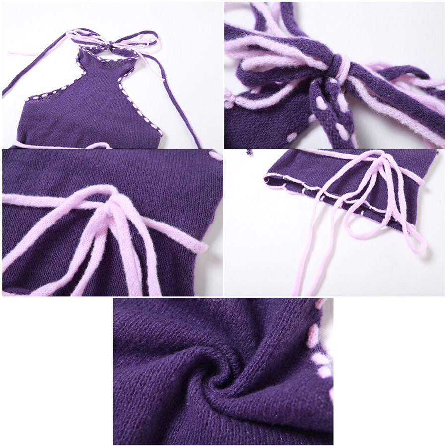 Weird Puss Áo Hai Dây Dệt Kim Hở Lưng Màu Tím Thời Trang Mùa Hè Quyến Rũ Cho Nữ