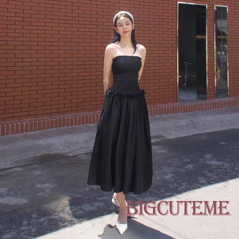 [] - Đầm Dài Dáng Chữ A Hở Lưng Cổ Thuyền Hở Lưng Nhún Bèo Màu Trơn Thời Trang Mùa Hè Dự Tiệc Cho Nữ