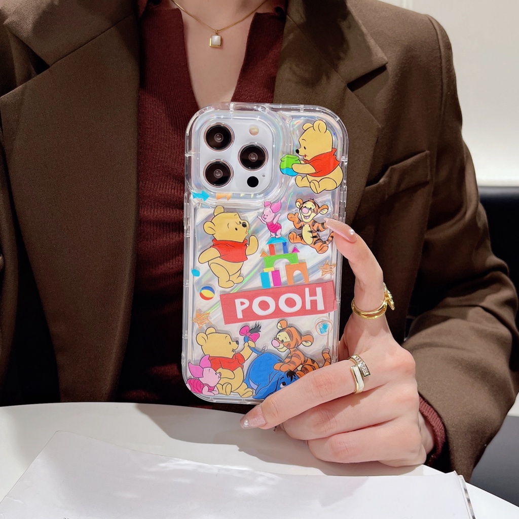 Ốp Điện Thoại TPU Dẻo Màu Laser Họa Tiết Gấu Dâu Tây / Gấu Pooh Dễ Thương Chống Rơi Cho iPhone 12 13 14 Pro Max