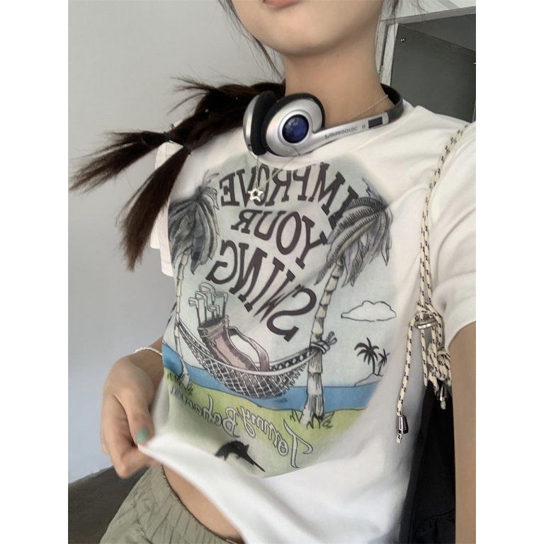 Áo baby tee Thun croptop Cotton Ngắn Tay Ôm Dáng In Chữ Phong Cách Retro Thời Trang Mùa Hè Cho Nữ