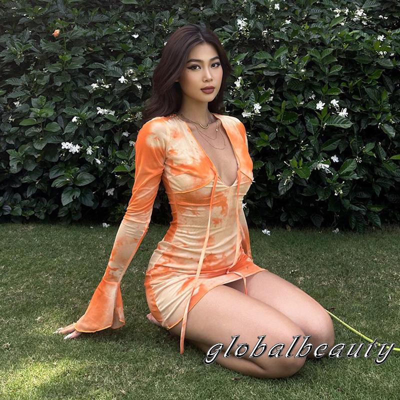 Đầm Tay Dài Cổ Chữ V Họa Tiết Màu Nhuộm Thời Trang Mùa Hè Cho Nữ