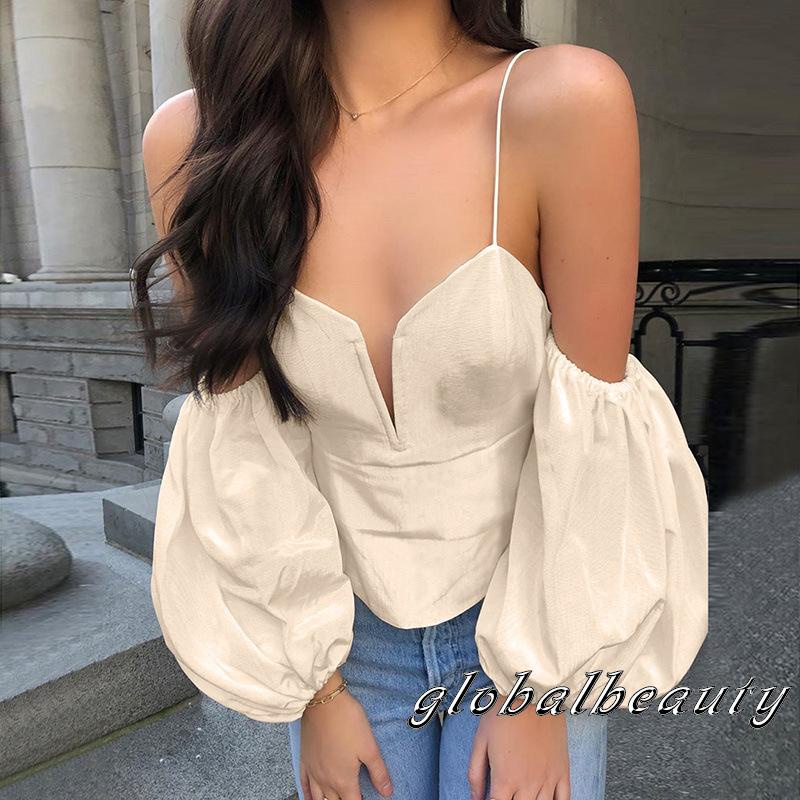 Áo Croptop Trễ Vai Cổ Chữ V Tay Phồng Gợi Cảm Cho Nữ