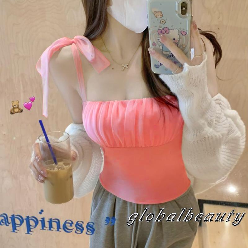 Áo Hai Dây Phối Vải Tuyn Mỏng Cột Dây Thời Trang Mùa Hè Cho Nữ