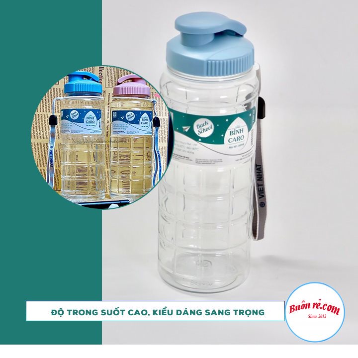 Bình nước học sinh kẻ caro 550ml/750ml/900ml Việt Nhật , Bình đựng nước thể thao có quai dù treo -Buôn rẻ