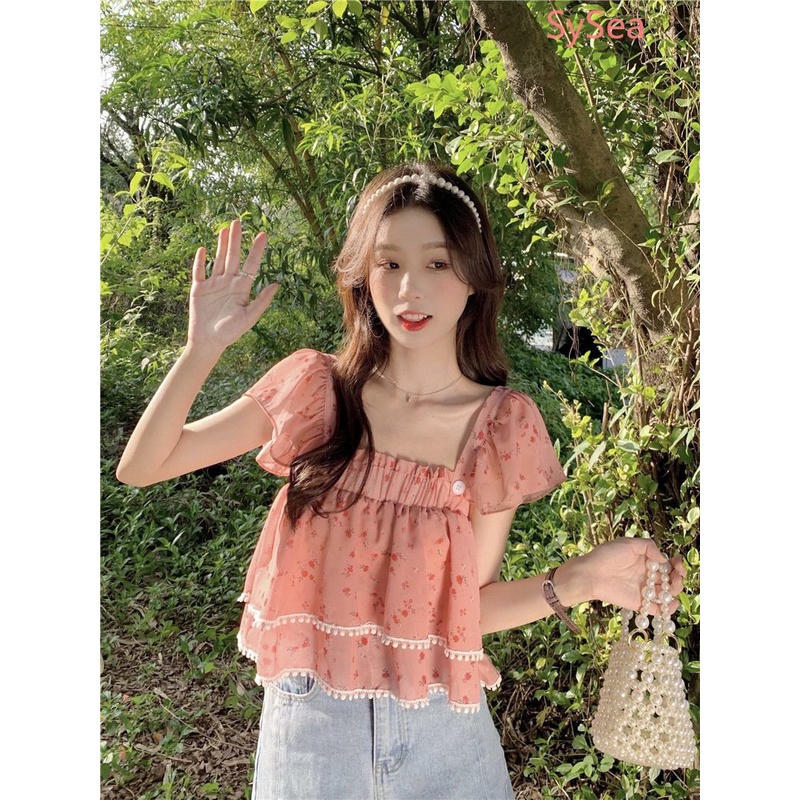 Áo Sơ Mi Tay Phồng Cổ Bẻ Họa Tiết Hoa Ngọt Ngào Thời Trang Mùa Hè Cho Nữ