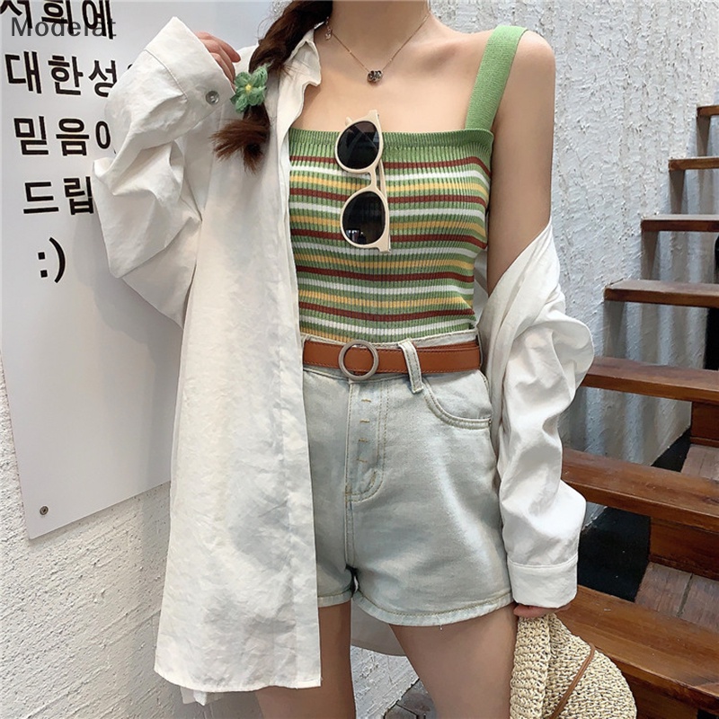 Áo Dệt Kim Hai Dây Dáng Ôm In Họa Tiết Kẻ Sọc Phong Cách Vintage Thời Trang Mùa Hè Dành Cho Nữ