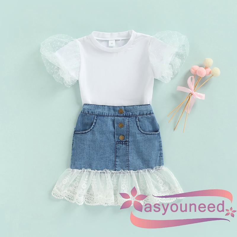 Set Áo Thun Ngắn Tay Cổ Tròn + Chân váy jean Phối Lưới Chấm Bi Thời Trang Dành Cho Nữ