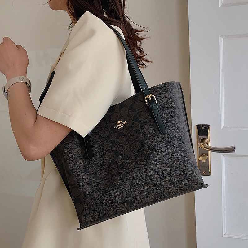 Túi Xách Coach Tote đeo Vải Da PU Sức Chứa Lớn Họa Tiết Kẻ Sọc Đơn Giản Cho Nữ