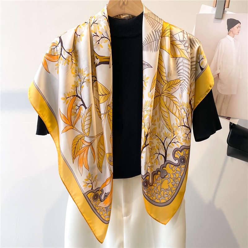 Khăn Quàng Cổ Vuông 90 * 90CM Bằng Lụa In Họa Tiết Lá Phong Trang Nhã Cho Nữ