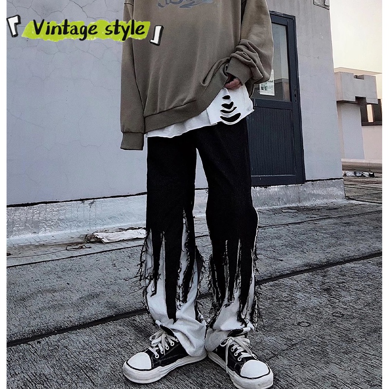 Quần Jean Lưng Vừa Màu Trắng Đen Phong Cách Vintage Thời Trang Cho Nam