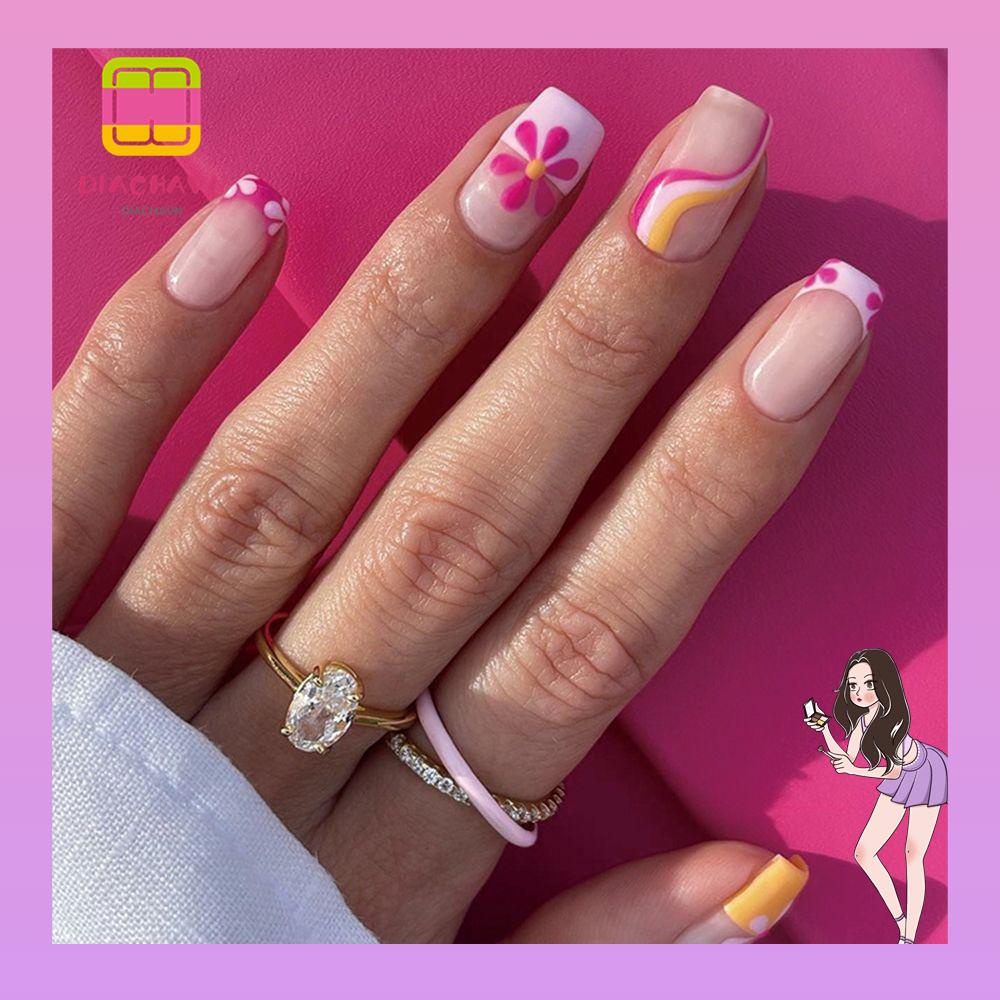 Set 24 Móng Tay Giả Dài Màu Xanh Lá / Đen Có Thể Tháo Rời