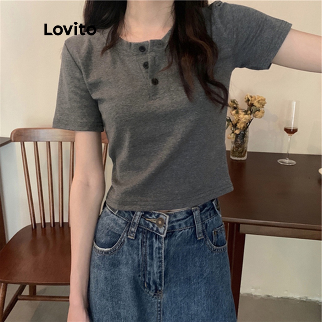 Lovito Áo thun trơn có nút phía trước thông thường cho nữ LNA07155