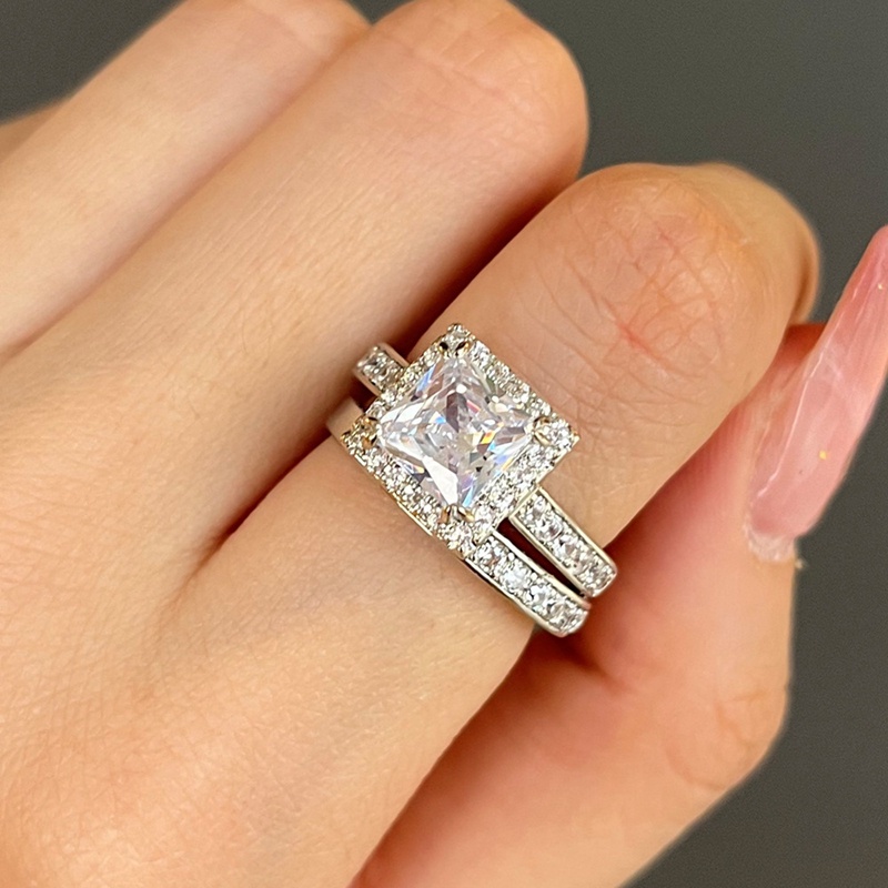 Bộ Nhẫn Đính Hôn Đính Đá Zircon Hình Vuông Phong Cách Công Chúa Sang Trọng Dành Cho Nữ