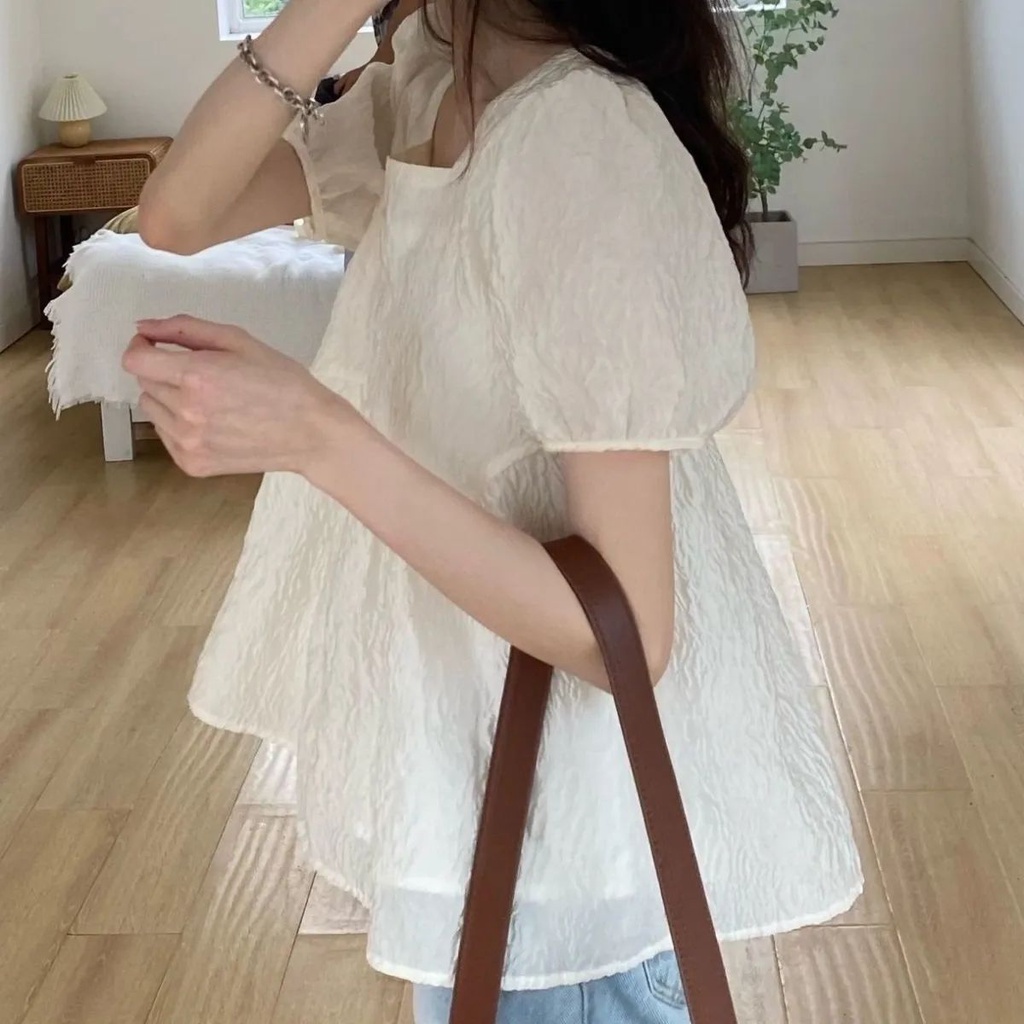 Áo Kiểu Tay Phồng Ngắn Cổ Vuông Phong Cách Pháp Cho Nữ