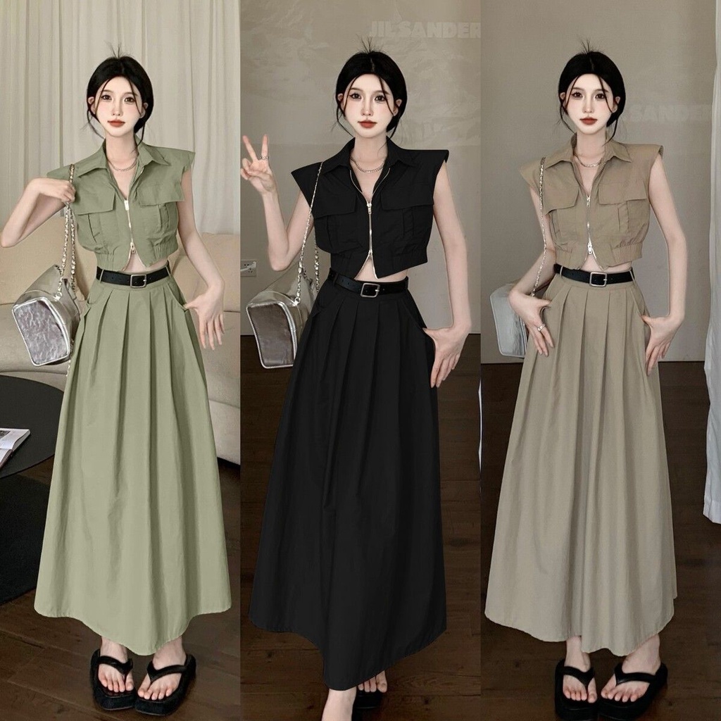 Bộ Áo Không Tay + Chân Váy Dài Lưng Cao Phong Cách Hepburn Cổ Điển Dành Cho Nữ