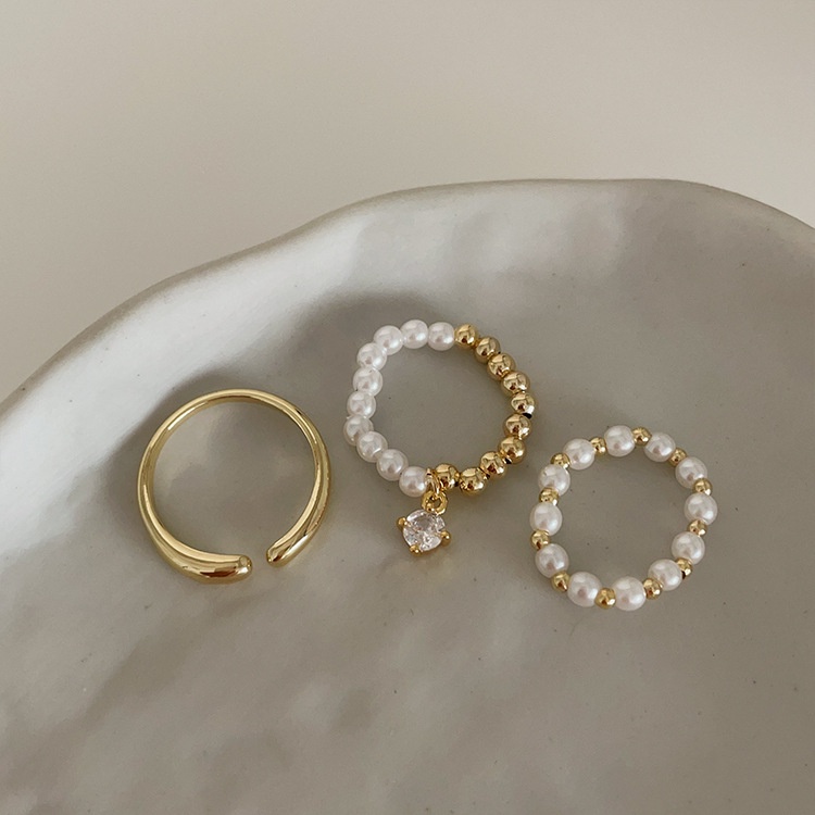 Set Nhẫn Kim Loại Đính Đá Zircon / Ngọc Trai Nhân Tạo Thời Trang Hàn Quốc Cho Nữ