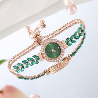 Đồng Hồ Thạch Anh Mặt Tròn Đính Kim Cương Giả Màu Xanh Lá Dây Mỏng Điều Chỉnh Được Thời Trang Cho Nữ Bán Sỉ