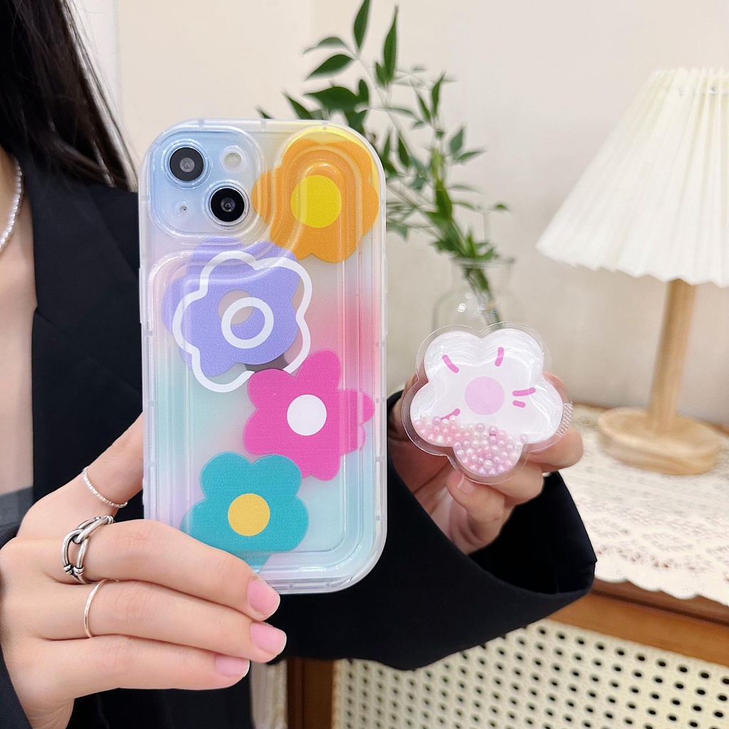 Ốp Điện Thoại TPU Dẻo Trong Suốt Họa Tiết Hoa &amp; Cầu Vồng Kèm Giá Đỡ Chống Rơi Cho iPhone 14 Plus 13 12 11 Pro Max