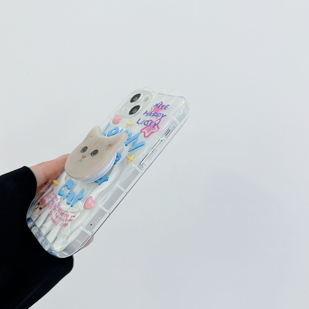 Ốp Điện Thoại TPU Dẻo Trong Suốt Họa Tiết Hoạt Hình Chú Mèo Kèm Giá Đỡ Cho iPhone 13 12 11 Pro Max 14 Plus